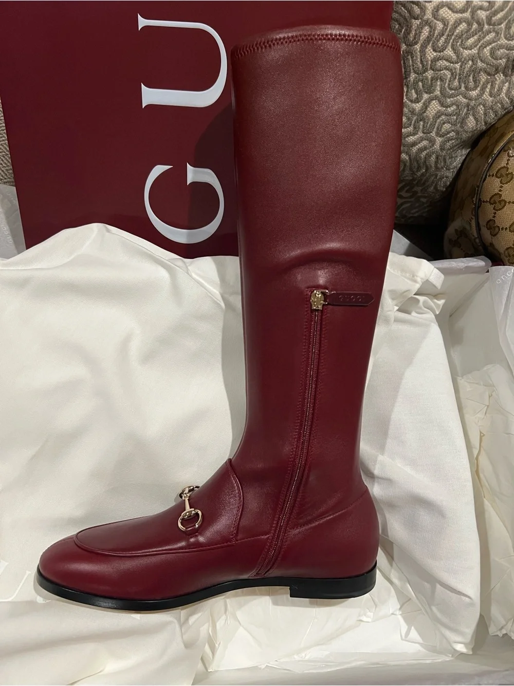 Gucci Jordaan Burgundy Over-the-Knee Leather Riding Boot with Gold Bit